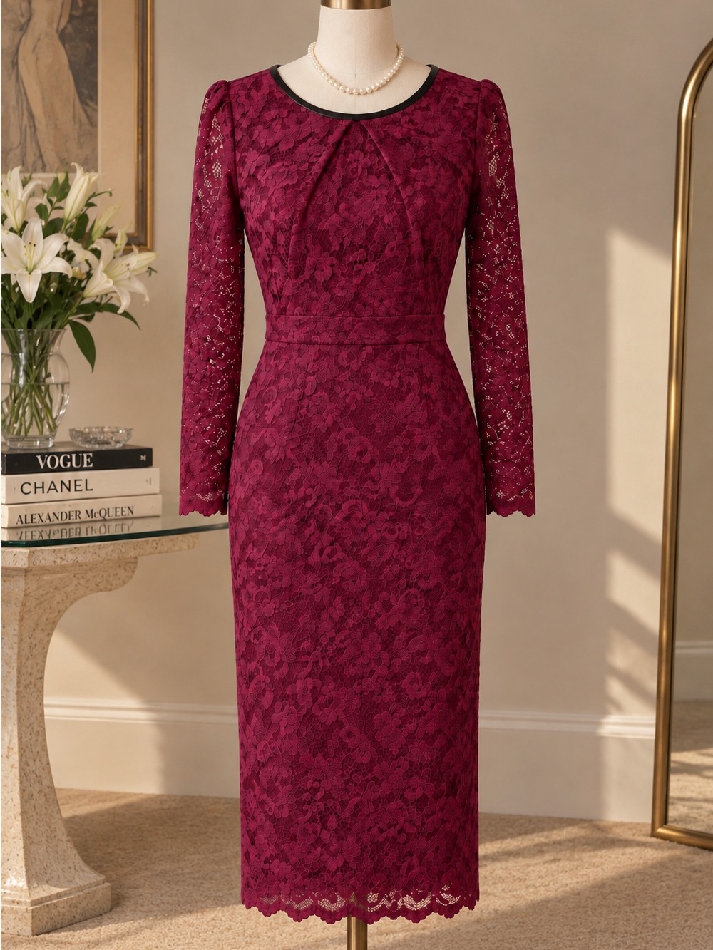 Vintage Caché Burgundy Lace Midi Dress L Romantic Goth Dark Romance